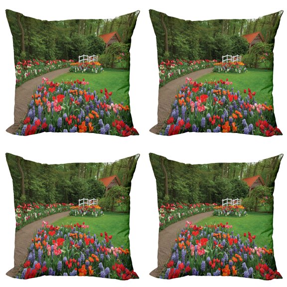 Ambesonne Floral Throw Pillow Cover 4 Pack, Spring Garden Forest, 24", Green and Purple