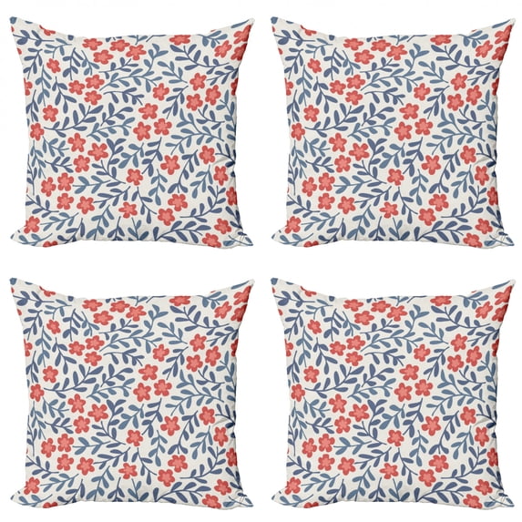 Ambesonne Floral Throw Pillow Cover 4 Pack, Spring Imagery Vintage, 18", Cadet Blue Coral Cream
