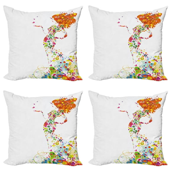 Ambesonne Floral Throw Pillow Cover 4 Pack, Summer Lady Silhouette, 20", Multicolor