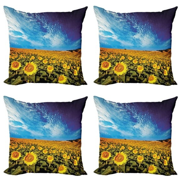 Ambesonne Floral Throw Pillow Cover 4 Pack, Sunflower Garden Nature, 20", Yellow and Blue