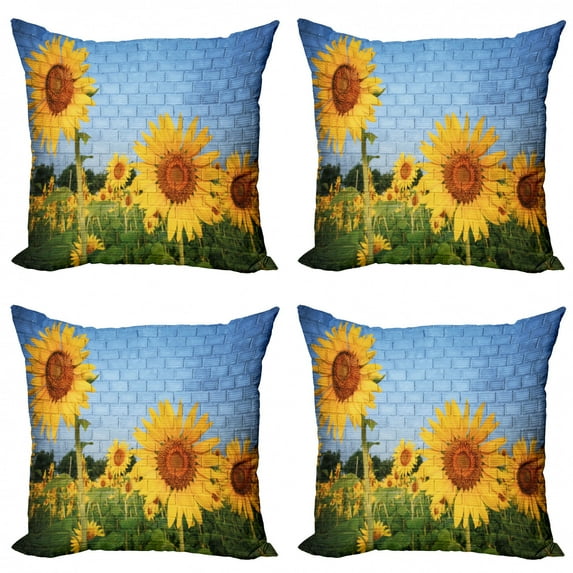 Ambesonne Floral Throw Pillow Cover 4 Pack, Sunflowers on the Wall, 24", Yellow Green