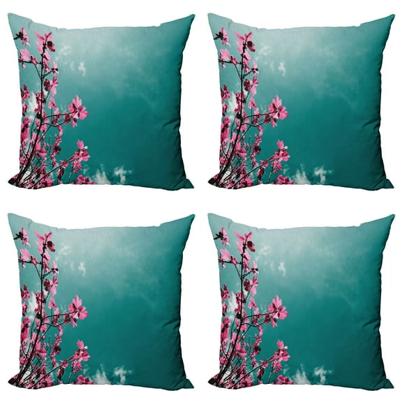 Ambesonne Floral Throw Pillow Cover 4 Pack, Sunny Sky Exotic Summer, 20", Teal Hot Pink