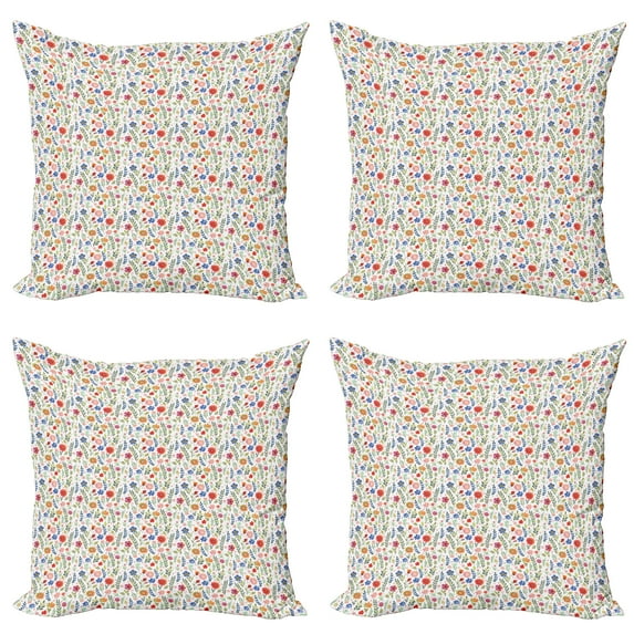 Ambesonne Floral Throw Pillow Cover 4 Pack, Thriving Nature Petal Leaf, 18", Multicolor