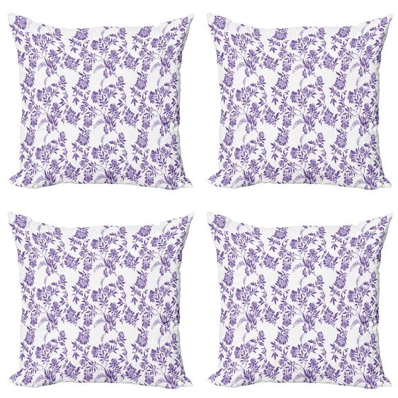 Ambesonne Floral Throw Pillow Cover 4 Pack, Thriving Season Plants, 18", Violet and White