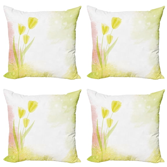 Ambesonne Floral Throw Pillow Cover 4 Pack, Tulip Flower Watercolor, 18", Green Beige
