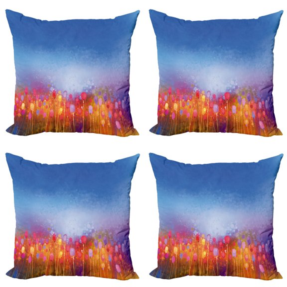 Ambesonne Floral Throw Pillow Cover 4 Pack, Tulip Garden Watercolor, 16", Multicolor