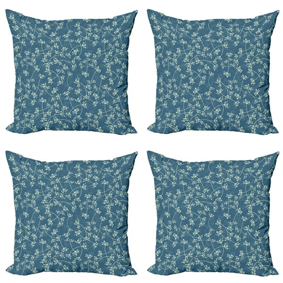 Ambesonne Floral Throw Pillow Cover 4 Pack, Twiggy Spring Petal Blue, 16", Pale Green Slate Blue