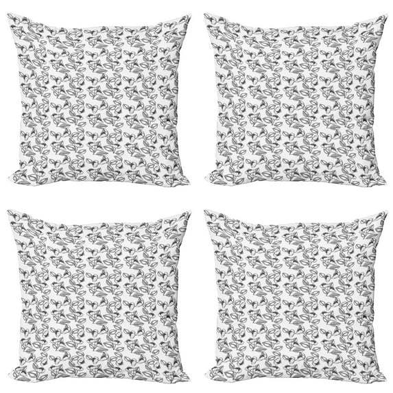 Ambesonne Floral Throw Pillow Cover 4 Pack, Uncolored Summer Flowers, 24", Charcoal Grey White