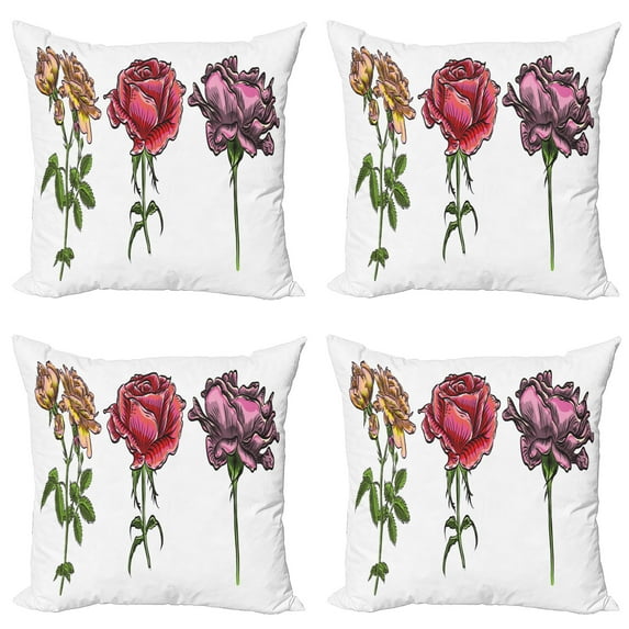 Ambesonne Floral Throw Pillow Cover 4 Pack, Various Rose Flower Types, 18", Pink Lime Green