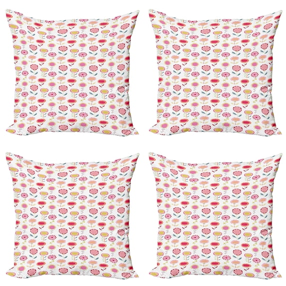 Ambesonne Floral Throw Pillow Cover 4 Pack, Vibrant and Doodle Style, 18", Multicolor