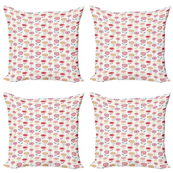 Ambesonne Floral Throw Pillow Cover 4 Pack, Vibrant and Doodle Style, 18", Multicolor