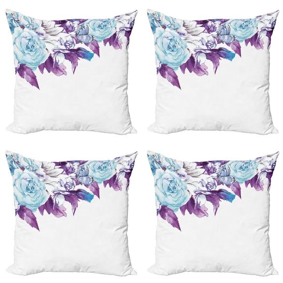 Ambesonne Floral Throw Pillow Cover 4 Pack, Vintage Flower Petals, 18", Pale Blue Purple