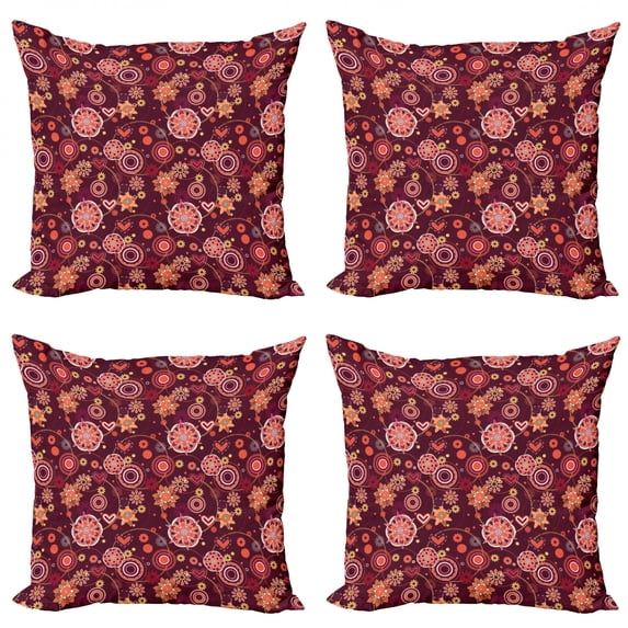 Ambesonne Floral Throw Pillow Cover 4 Pack, Vintage Foliage Composition, 24", Orange Maroon and Yellow