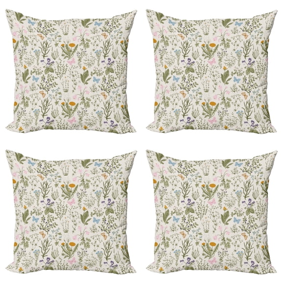 Ambesonne Floral Throw Pillow Cover 4 Pack, Vintage Garden Plants, 24", Reseda Green Beige