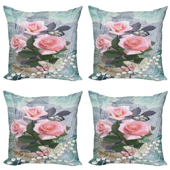 Ambesonne Floral Throw Pillow Cover 4 Pack, Vintage Rose Romance, 18", Pink Grey
