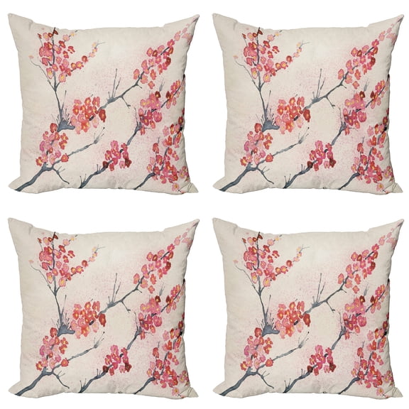 Ambesonne Floral Throw Pillow Cover 4 Pack, Vintage Sakura Flowers, 18", Pink Beige Grey