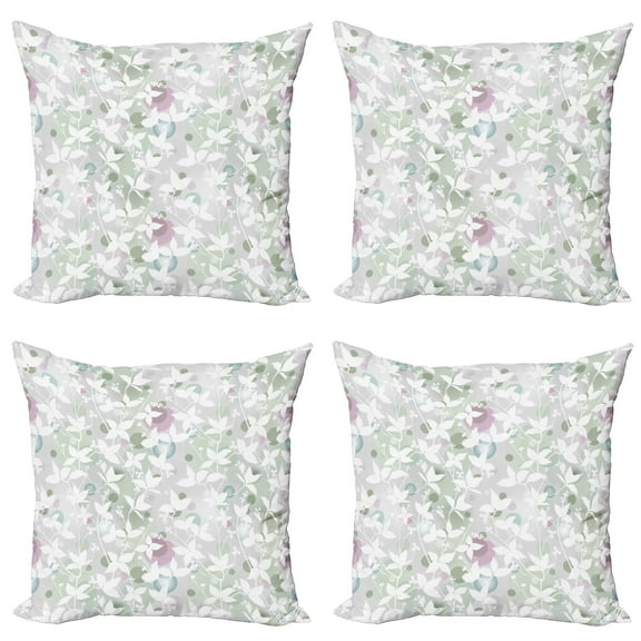 Ambesonne Floral Throw Pillow Cover 4 Pack, Vintage Seamless Pattern, 16", White and Reseda Green
