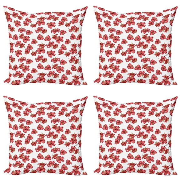 Ambesonne Floral Throw Pillow Cover 4 Pack, Vintage Style Lily Flowers, 20", Olive Green Vermilion