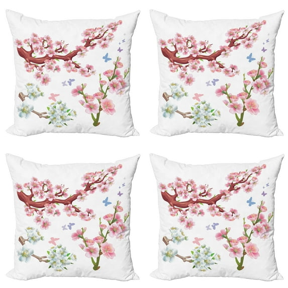 Ambesonne Floral Throw Pillow Cover 4 Pack, Vivid Flowering Branch, 18", Pink Brown Green