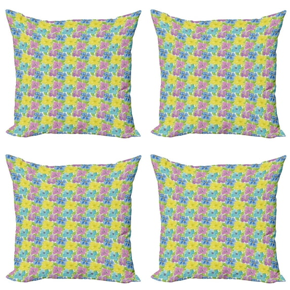Ambesonne Floral Throw Pillow Cover 4 Pack, Watercolor Flower and Leaves, 18", Multicolor