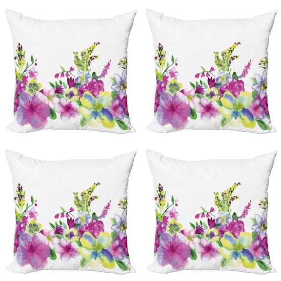 Ambesonne Floral Throw Pillow Cover 4 Pack, Watercolor Garden, 16", Pink Green