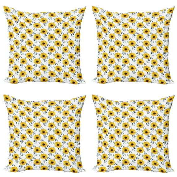 Ambesonne Floral Throw Pillow Cover 4 Pack, Watercolor Poppy Blossoms, 16", Earth Yellow White