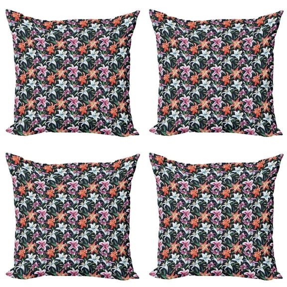 Ambesonne Floral Throw Pillow Cover 4 Pack, Watercolor Tropical Lilies, 16", Multicolor