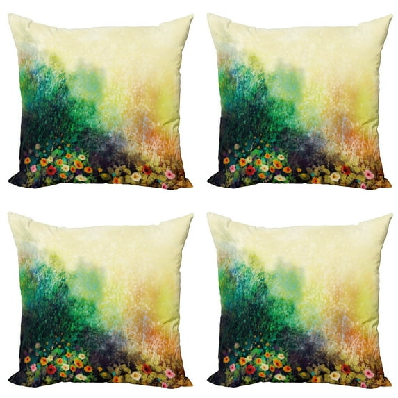 Ambesonne Floral Throw Pillow Cover 4 Pack, Wild Flowers on Meadow, 16", Green Mustard