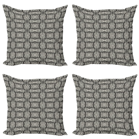 Ambesonne Floral Throw Pillow Cover 4 Pack, Zentangle Botanical Motif, 16", Dark Purple Grey Ivory