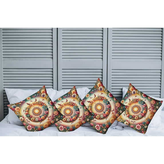 Ambesonne Floral Throw Pillow Cover Pack of 4, Botanical Colorful Circle, 4 Pcs-16" x 16", Orange Evergreen Pink