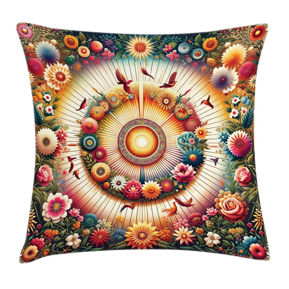 Ambesonne Floral Throw Pillow Cushion Cover, Botanical Colorful Circle, 24" X 24", Orange Evergreen Pink
