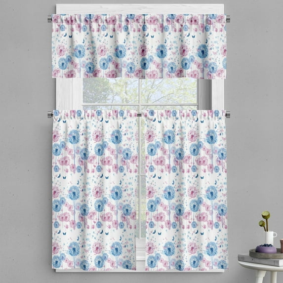 Ambesonne Floral Valance & Curtain 3 Pcs Set, Dreamy Dandelion Butterflies, 55"x24", Pale Fuchsia Cobalt Blue