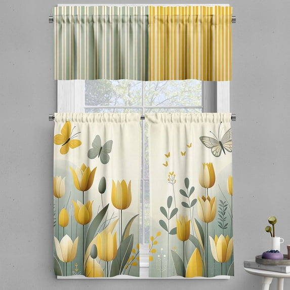 Ambesonne Floral Valance & Curtain 3 Pcs Set, Modern Leafy Garden Stripes, 55"x36", Earth Yellow Blue Grey