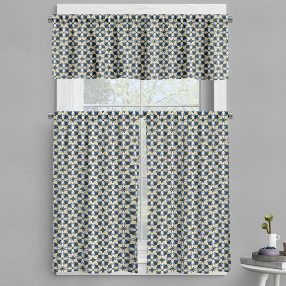 Ambesonne Floral Valance & Curtain, Abstract Ornament Tile, 55"x36", Dark Blue Pale Mustard