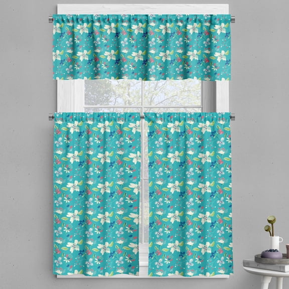 Ambesonne Floral Valance & Curtain, Abstract Retro Flowers Plot, 55"x36", Dark Seafoam and Dried Rose