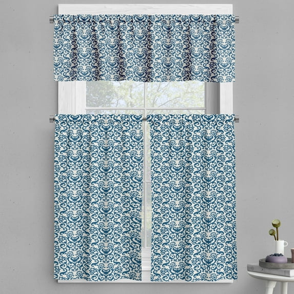 Ambesonne Floral Valance & Curtain, Antique Damask Curvy Art, 55"x45", Blue White