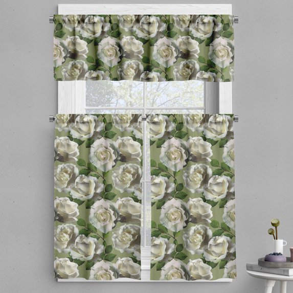 Ambesonne Floral Valance & Curtain, Art of Innocent White Roses, 55"x30", Olive Green Ivory and Emerald