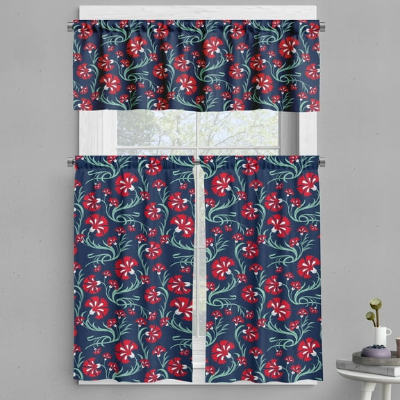 Ambesonne Floral Valance & Curtain, Asian Floral Pattern Night, 55"x36", Scarlet White Indigo