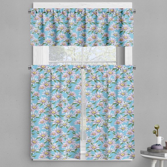 Ambesonne Floral Valance & Curtain, Daisies Vintage Hand-Drawn, 55"x30", Pale Azure Blue and Ecru