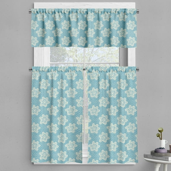 Ambesonne Floral Valance & Curtain, Damask Lace Look Flowers Art, 55"x36", Deep Sky Blue Eggshell