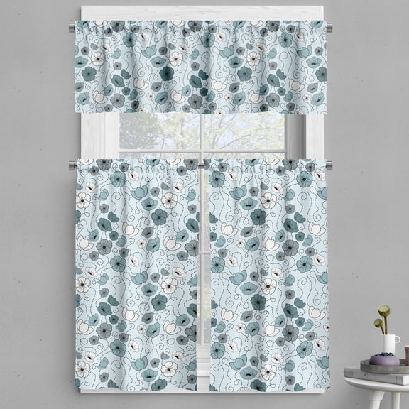 Ambesonne Floral Valance & Curtain, Doodle Floral Botany, 55"x24", Grey Bluegrey White