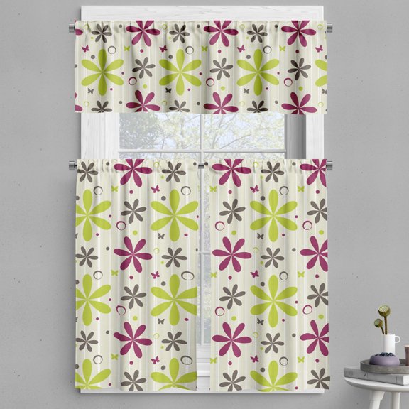 Ambesonne Floral Valance & Curtain, Florets Circle Hoop, 55"x30", Apple Green Dark Taupe