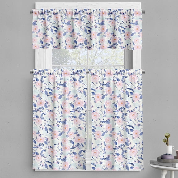 Ambesonne Floral Valance & Curtain, Flower Leaf Watercolor Plot, 55"x45", Soft Pink and Ceil Blue