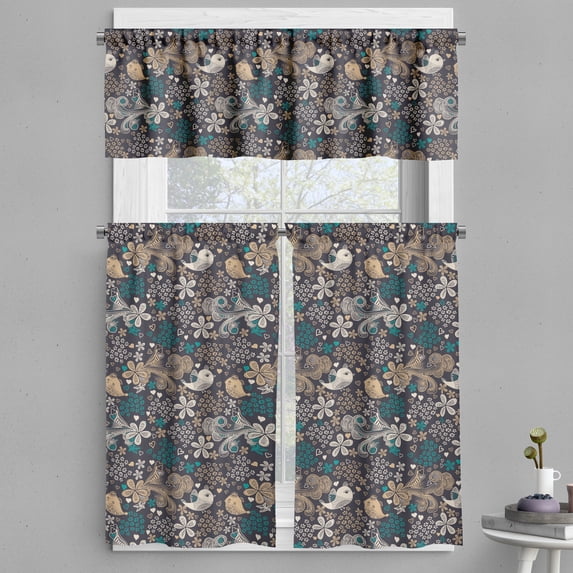 Ambesonne Floral Valance & Curtain, Flowers Hearts and Birds, 55"x30", Dark Blue Grey and Multicolor