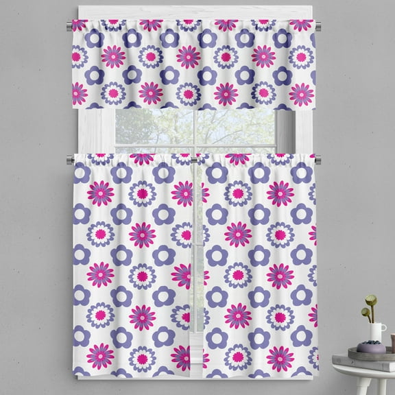 Ambesonne Floral Valance & Curtain, Flowers Retro Abstract Plot, 55"x24", Dark Ceil Blue and Magenta