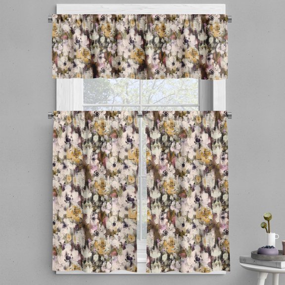 Ambesonne Floral Valance & Curtain, Grungy Art Painting Print, 55"x45", Champagne Amber and Brown