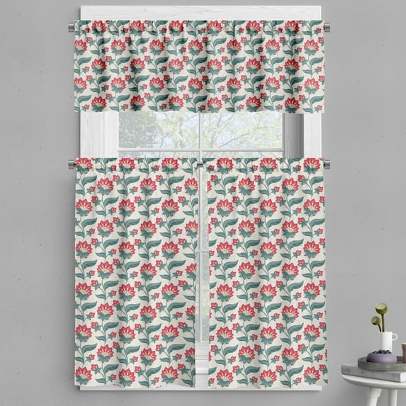 Ambesonne Floral Valance & Curtain, Jacobean Blooming Petals, 55"x36", Dark Coral Teal Beige