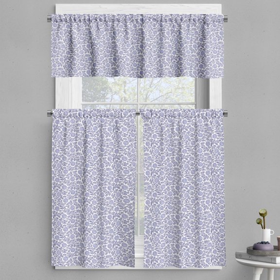 Ambesonne Floral Valance & Curtain, Japanese Bluebell Motif, 55"x30", Dark Blue Muave White