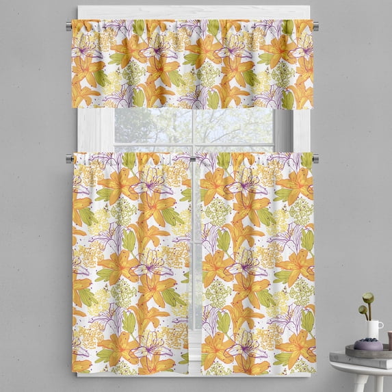 Ambesonne Floral Valance & Curtain, Lily Petals Exotic Bloom, 55"x36", Apple Green Marigold