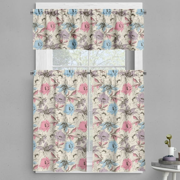 Ambesonne Floral Valance & Curtain, Lily and Poppies Sketch, 55"x45", Multicolor
